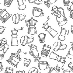 Seamless vector pattern of coffee. Hot drinks doodles - coffeemaker machine, beans, cup, grinder. Repeated texture for cafe menu, shop wrapping paper.
