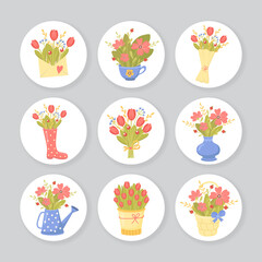 Fototapeta na wymiar Collection of round romantic gift tags with cute bouquets of spring flowers for Mothers day, birthday, wedding, easter, valentine's day. Vector illustration in cartoon style. 