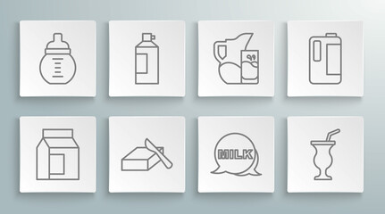 Set line Paper package for milk, Whipped cream in bottle, Butter butter dish, Lettering, Milkshake, jug pitcher and glass, plastic and Baby icon. Vector