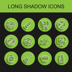 Set line Qibla, Lute, Muslim Mosque, Date fruit in bowl, Kaaba mosque, and Ramadan cannon icon. Vector