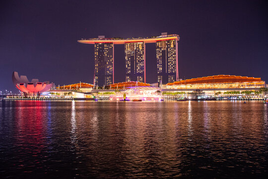 Marina Bay Sands in Singapore at night, great view from Singapure skyline and landscape.