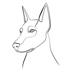 Dog face close up one line drawing on white isolated background. Vector illustration