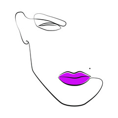 Abstract face of gay man with lipstick on lips one line drawing on white isolated background. Vector illustration