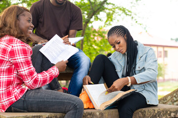 african higher institution students studying on a park bench