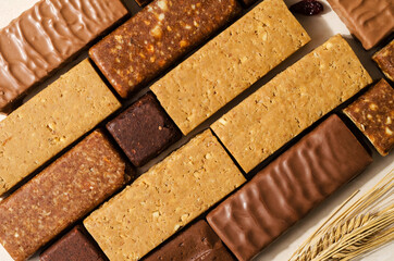 Protein bars with peanuts, chocolate glaze, gluten-free and sugar-free close-up