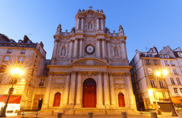 Church of Saint-Paul-Saint-Louis at night , Marais 4th arrondissement , Paris, France.