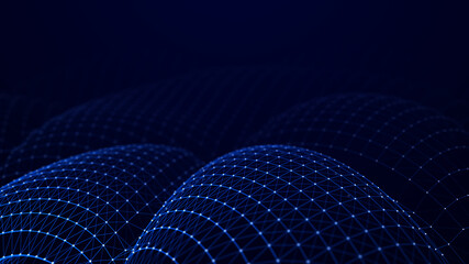 Blue wave. Abstract background of points and lines. Cyber structure. Big data stream. 3d rendering