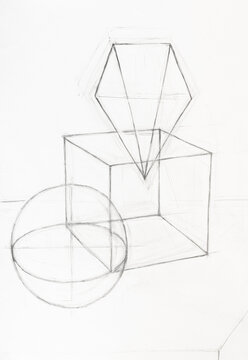 sketch of composition with ball, cube and pyramid hand-drawn by pencil on white paper
