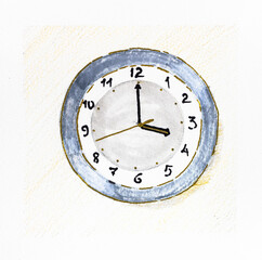 sketch of round wall clock showing 4 o'clock on the dial hand-drawn with markers and color pencils on white textured paper