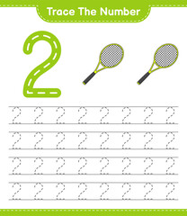 Trace the number. Tracing number with Tennis Racket. Educational children game, printable worksheet, vector illustration
