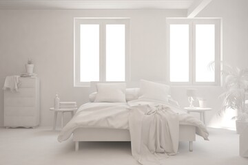Modern bedroom in white color. Scandinavian interior design. 3D illustration