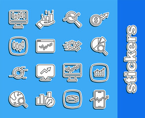 Set line Mobile stock trading, Financial growth, Search data analysis, Graph chart infographic, Browser with stocks market, Stocks graphs and Time management icon. Vector