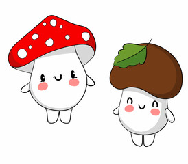 Hand drawn Cute Mushrooms cartoon vector illustration