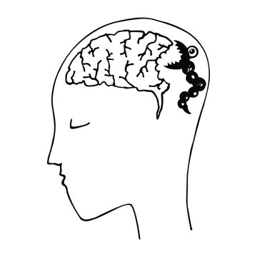 recommend clip art: Caterpillar or illness erodes the inside of the brain. Loneliness, depression, anxiety, stress, psychic illness, psychiatric problems. Mental disorder. Crisis, emotion, panic, tension. Sketch vector 