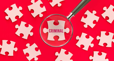 Red jigsaw puzzle,magnifying glass and criminal