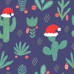 Christmas Cactus Seamless pattern with festive decorations on dark blue background. Tropical Christmas hand drawn vector illustration for gift wrapping paper design, greeting card, textile.