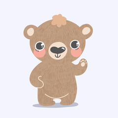 Cute Baby Bear waving and smiling. Hand drawn adorable cartoon character with big eyes and fur. Flat vector design on light blue background for stickers, greeting card, mascot, nursery decoration.