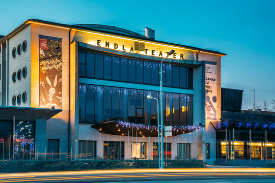 Parnu, Estonia. Building Of Endla Theatre In Evening Christmas Xmas New Year Illuminations