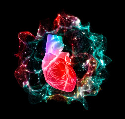 Heart anatomy, with a colorful energy field showing feelings, heart beat, good energy, magic, heartbeat graph or strength, 3d illustration - obrazy, fototapety, plakaty