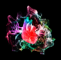 Heart with a colorful energy field, visualizing feelings, heart beat, good energy, magic, love, heartbeat graph or strength, 3d illustration