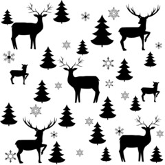 Black deer and tree chaotic seamless pattern.