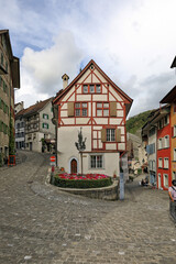 Fototapeta na wymiar Historical center. View of medieval half-timbered buildings on winding cobbled streets. Baden, canton of Aargau, Switzerland.