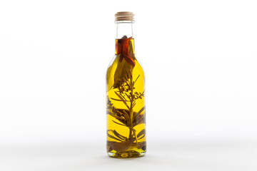 An isolated bottle of homemade aromatic olive oil with herbs and spices