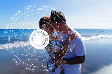 Horoscope astrology zodiac illustration with young couple - obrazy, fototapety, plakaty