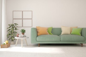 White living room with sofa. Scandinavian interior design. 3D illustration