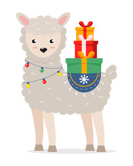 Cute, cartoon llama or alpaca with gift boxes and garlands. Design element for greeting cards. Birthday, Christmas. Vector illustration in flat style