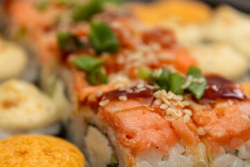Japanese dish of sushi or rolls close-up.
