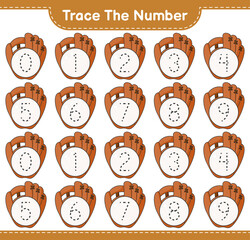 Trace the number. Tracing number with Baseball Glove. Educational children game, printable worksheet, vector illustration