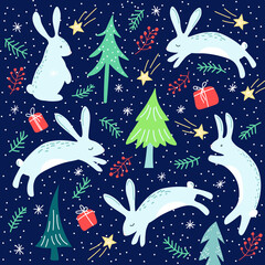 Christmas decorative pattern with adorable rabbits. Pattern with rabbits for gifts wrap