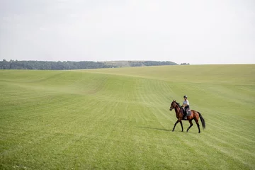 Foto op Plexiglas Side view of female horseman riding brown Thoroughbred horse on green meadow in countryside. Concept of rural resting and leisure. Idea of green tourism. Beautiful green landscape on sunny day © rh2010