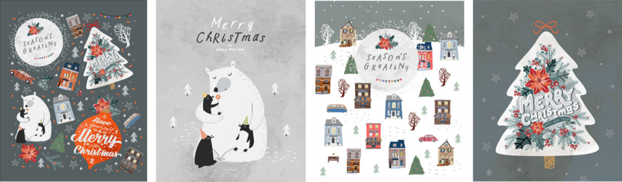 Merry Christmas and Happy New Year! Vector cute illustration of a festive Christmas tree, Christmas tree toys, polar bear with penguins, winter city. Drawings for card, poster or background