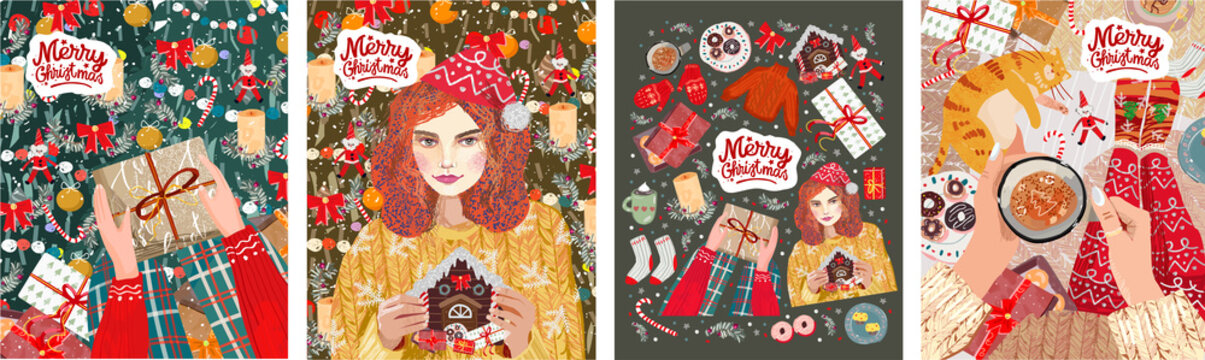 Merry Christmas and Happy New Year! Vector illustrations of holiday, Christmas tree, gifts, Santa Claus woman and cozy still life. Drawings for card, poster or background