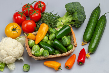 Brussels sprouts and green peppers in wicker basket.