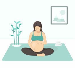 Fototapeta premium Pregnant woman practices yoga and meditation. Concept of motherhood, health care. Cartoon flat style. Vector illustration