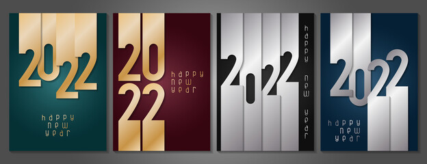 Set of Happy New Year 2022 posters with golden and silver numbers. Winter holidays greeting or invitation. Vector illustrations on dark backgrounds.