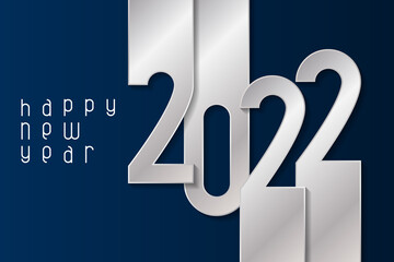 Happy New Year 2022 poster with silver numbers. Winter holidays greeting or invitation. Vector illustration on blue background.