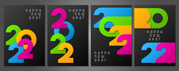 Set of Happy New Year 2022 posters with numbers cut out of colored paper. Winter holidays greeting or invitation. Vector illustration on black background.