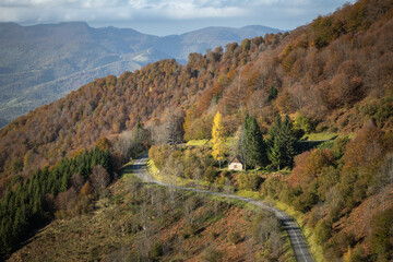 Autumn landscape in the Ariège department in the French Pyrenees seen from the Col de la Core 