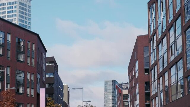 Modern Nordic Architecture. The bricks facade of modern residential building. Kalasatama neighborhood is an amazing example of the gentrification of the old port area.