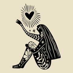 Boho sacred heart Reiki magic woman mystical symbol flat holistic healing meditation new age concept