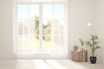 Plakat Stylish empty room in white color with autumn landscape in window. Scandinavian interior design. 3D illustration