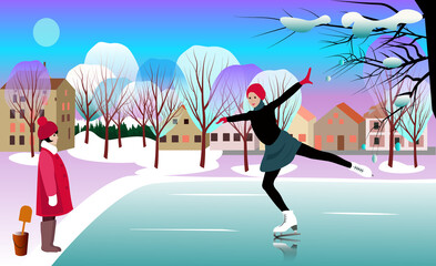 Winter skating rink. A girl is skating, a little girl in a red coat is watching the skater. Snow-covered multicolored trees. Small village houses. Moon in Pink-blue sky. Winter landscape. Vector 