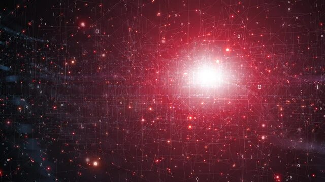 Abstract glowing lines, connected dots and binary numbers  in red shining light digital cyberspace network technology animation background.