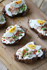 Healthy toast with cream cheese, tuna and egg. Diet food. Keto toast.
