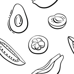 Seamless pattern with fruit halves and slices in black line sketchy style isolated on white background. Doodle hand drawn vector illustration