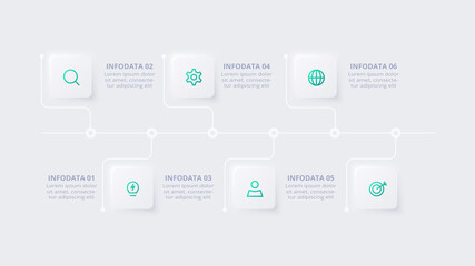 Neumorphic flow chart infographic. Creative concept for infographic with 6 steps, options, parts or processes.